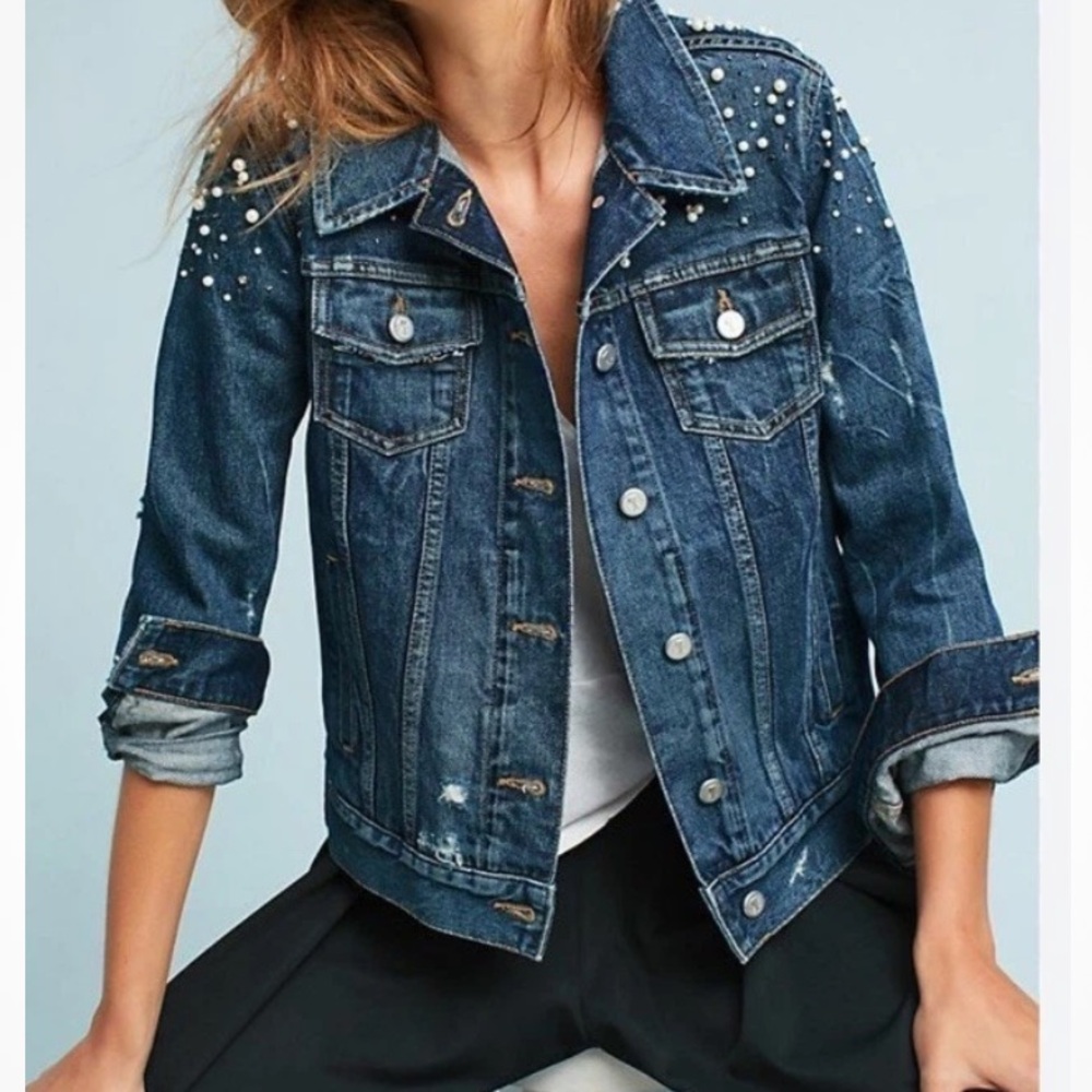 DENIM & DIAMONDS  Rhinestones Pearls Embellished UPCYCLED Denim Jacket Old Navy